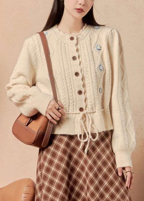 Beige Button Lace Up Knit Sweater Winter