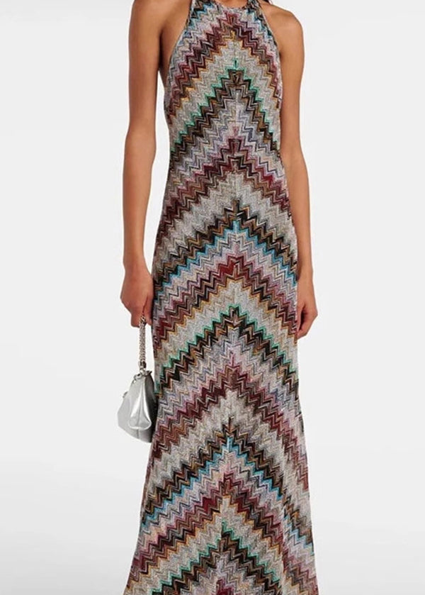 European and American Style Halter Backless Striped Knit Long Dresses Sleeveless