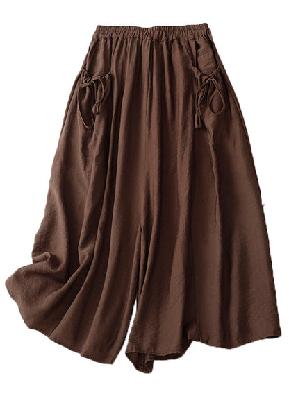White Elastic Waist Pockets Cotton Wide Leg Pants Summer