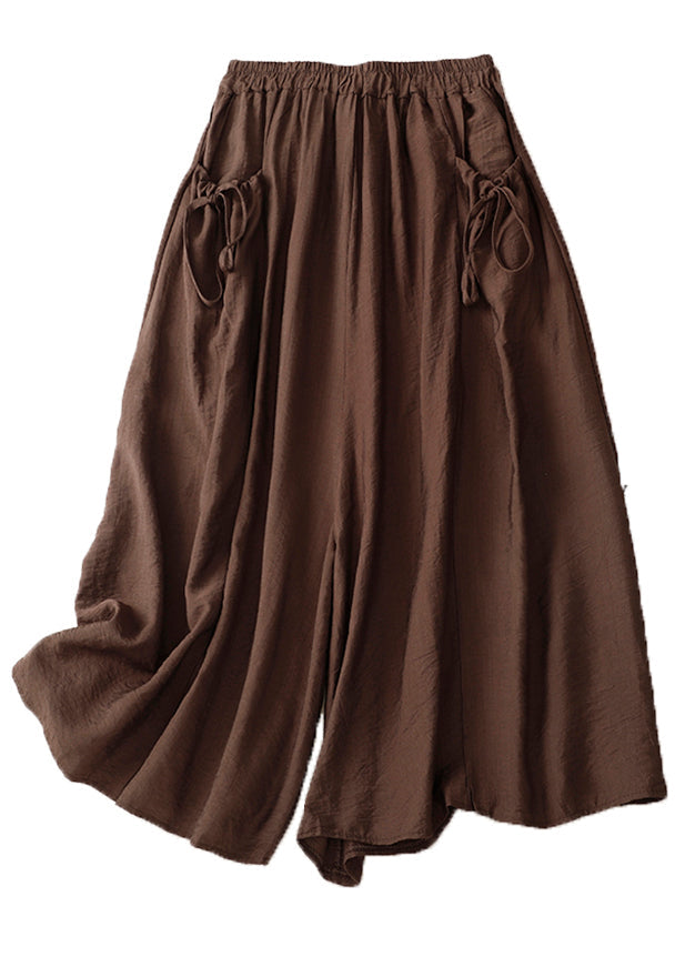 White Elastic Waist Pockets Cotton Wide Leg Pants Summer