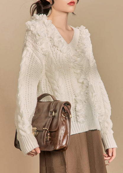 White V Neck Hollow Out Knit Sweaters Winter