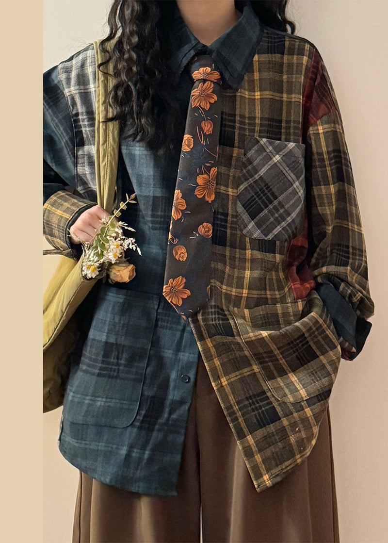 Plaid Asymmetrical Pockets Patchwork Cotton Shirt Spring