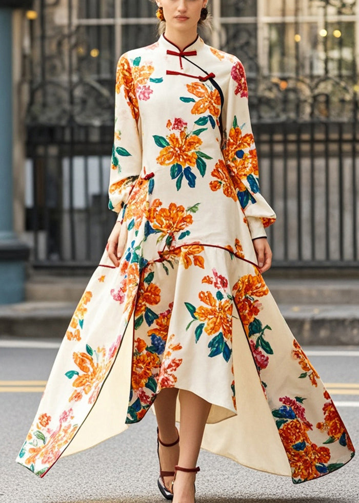 Apricot Print Asymmetrical Side Open Chinese Style Dress Fall