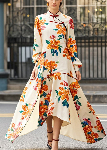 Apricot Print Asymmetrical Side Open Chinese Style Dress Fall