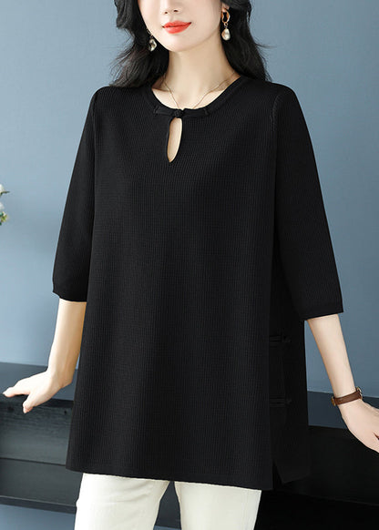 Green O Neck Oriental Button Ice Silk Knit Top Spring
