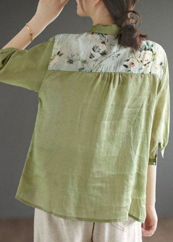 Green Peter Pan Collar Print Linen Top Summer