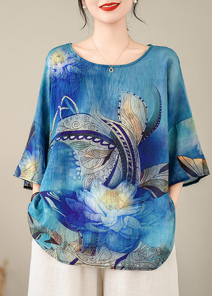 Style Blue O-neck Print Top Batwing Sleeve