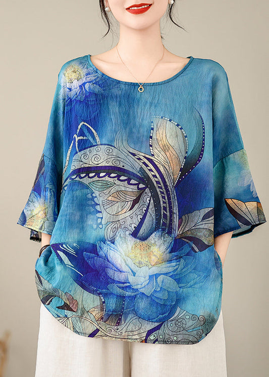 Style Blue O-neck Print Top Batwing Sleeve