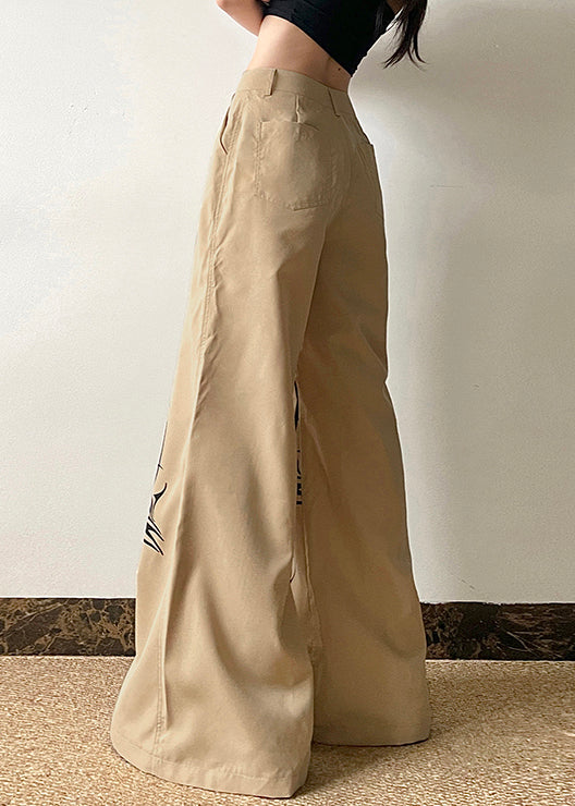 Khaki Print High Waist Cotton Wide Leg Pants Summer