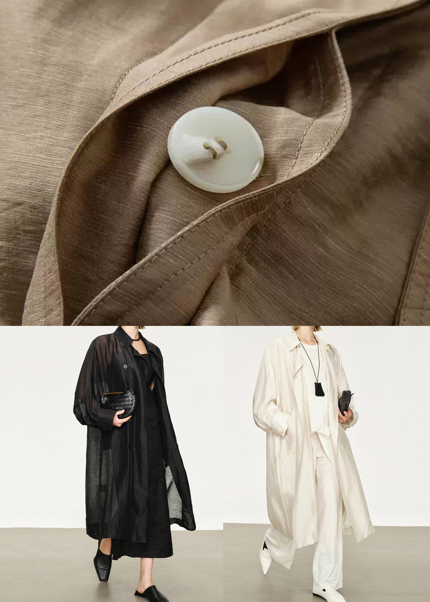 Loose Champagne Gold Peter Pan Collar Double Breast Linen Silk Long Trench Coat Fall