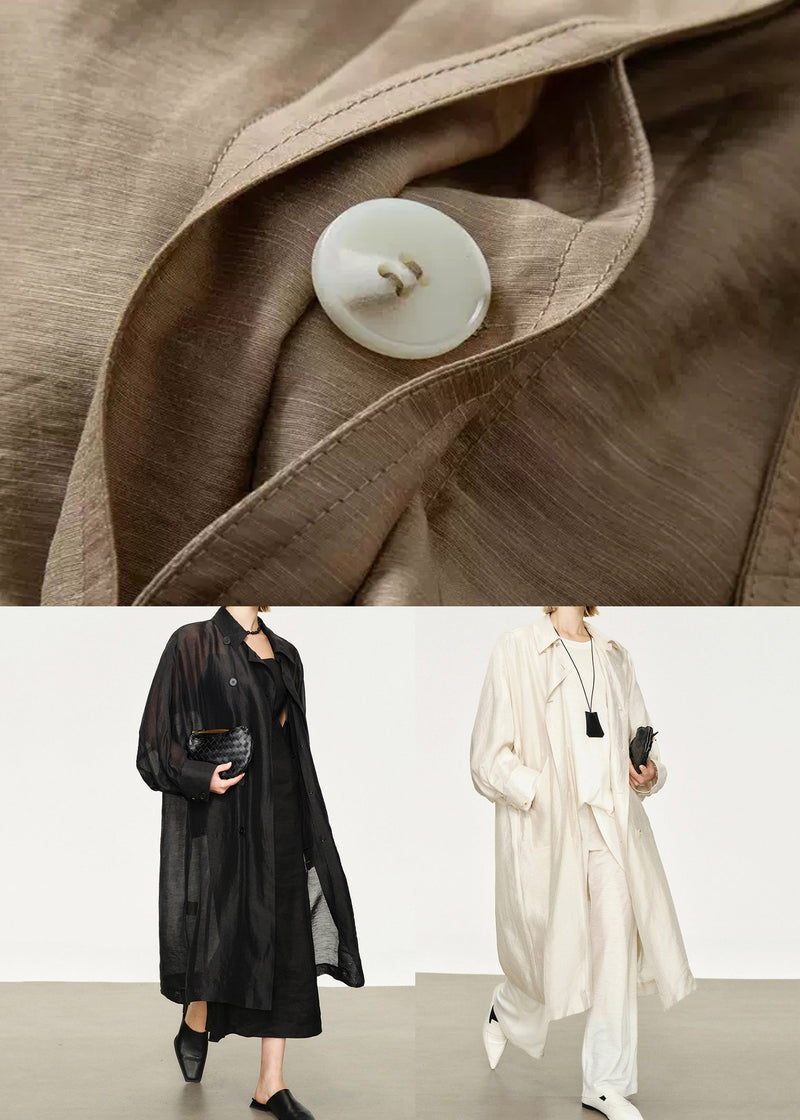 White Pockets Thin Linen Silk Long Trench Coats Peter Pan Collar Batwing Sleeve