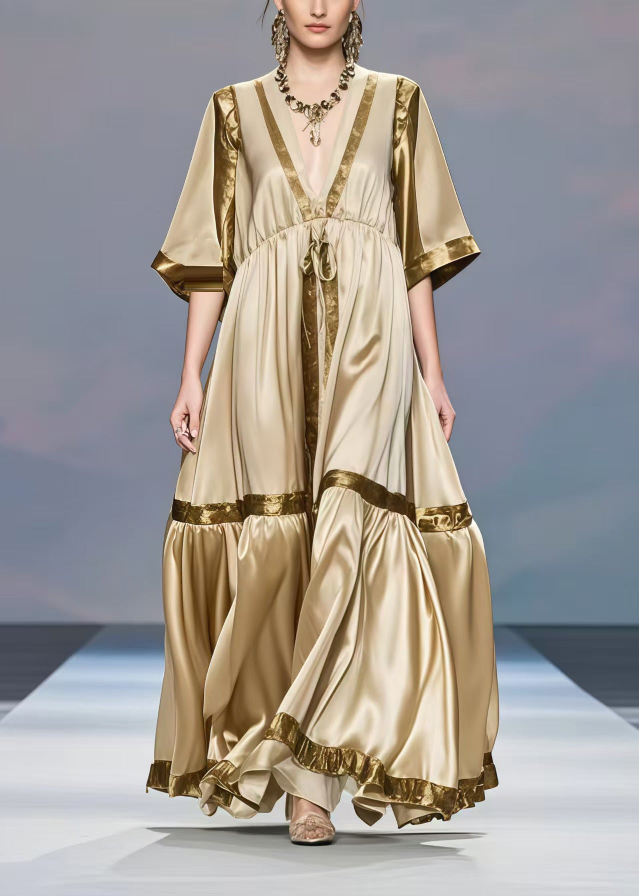 Khaki V Neck Patchwork Exra Large Hem Silk Long Dress Half Sleeve