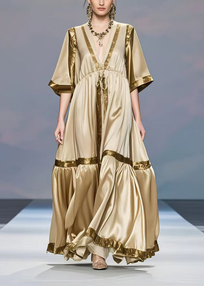Khaki V Neck Patchwork Exra Large Hem Silk Long Dress Half Sleeve