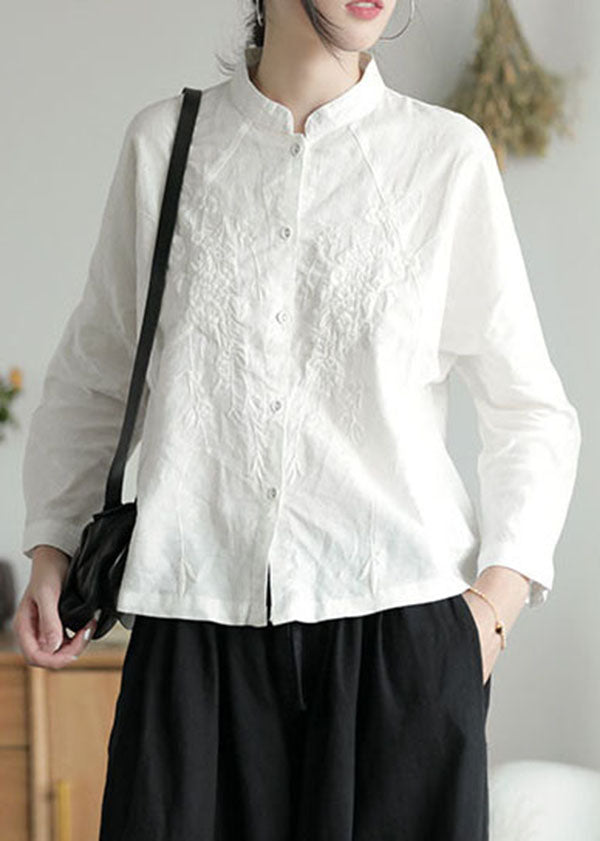 Handmade White Stand Collar Embroidered Cotton Shirts Spring