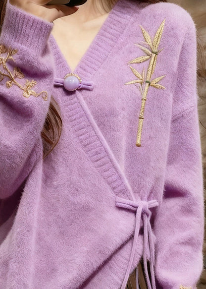 Light Purple V Neck Tie Waist Cotton Knit Sweaters Tops Fall