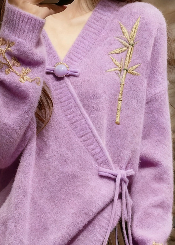 Light Purple V Neck Tie Waist Cotton Knit Sweaters Tops Fall