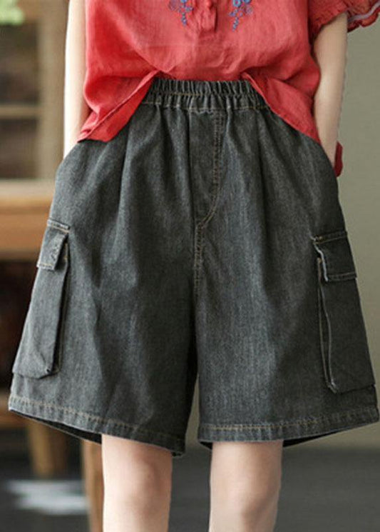 Simple Black Pockets Wide Leg Summer Denim Hot Pants