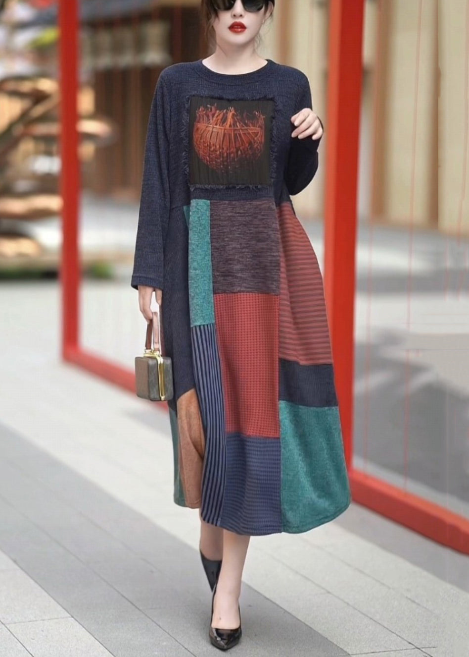 New Navy O-neck Patchwork Knit Long Dresses Winter