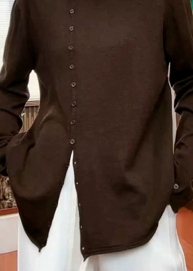 Coffee Stand Collar Button Patchwork Knit Sweaters Fall