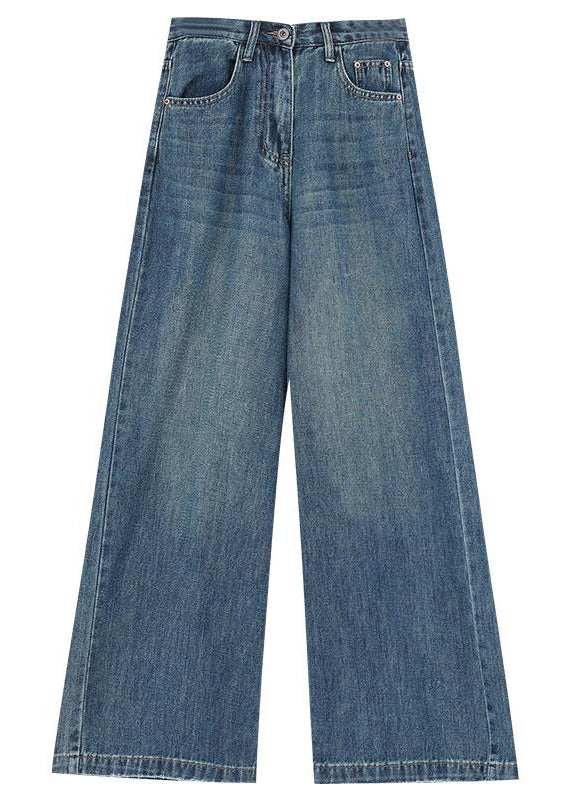 Blue Pockets High Waist Denim Wide Leg Pants Winter