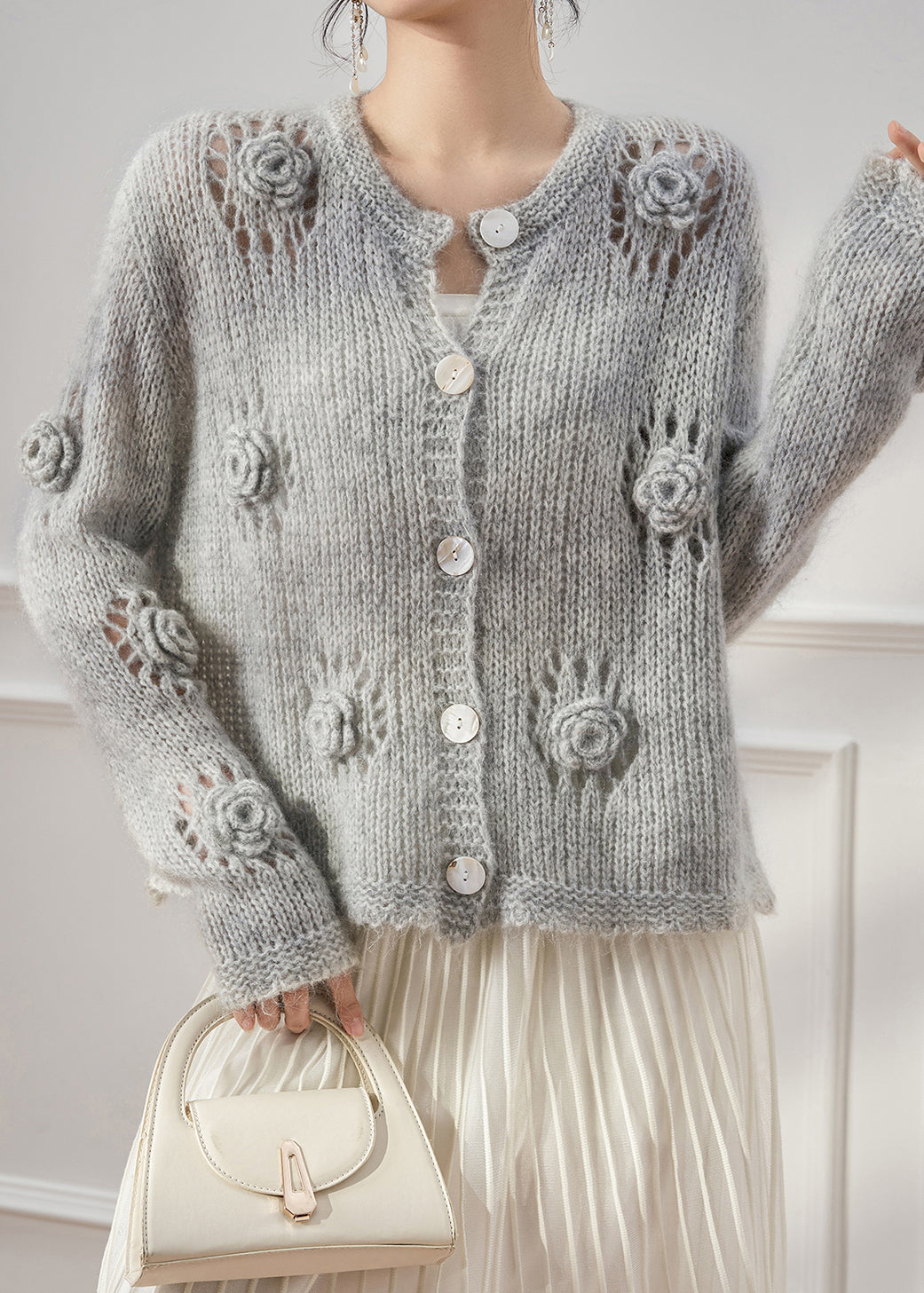 Grey Hollow Out Button Knit Coats Fall
