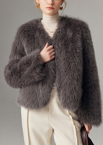 Grey Fox Collar Thick Leather and Fur Coats Winter