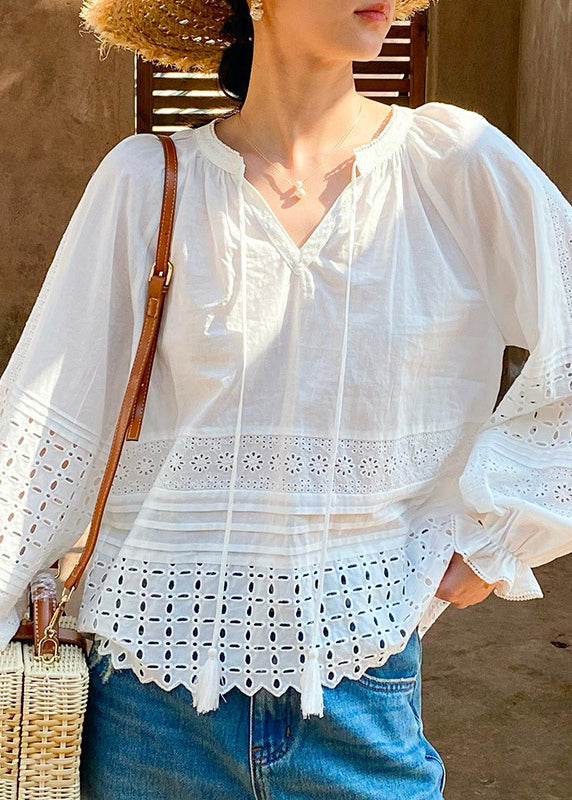 White Hollow Out Lace Up Cotton Shirt Butterfly Sleeve