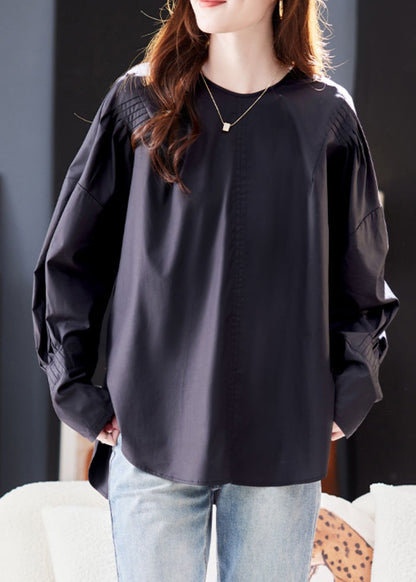 Loose Black Patchwork Low High Design Cotton Top Spring
