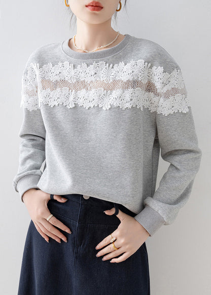 Grey O Neck Lace Patchwork Cotton Sweatshirt Spring