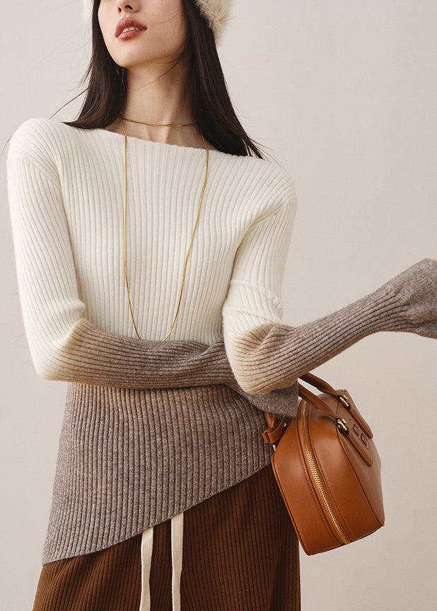 White Gradient Slash Neck Slim Knit Sweaters Fall