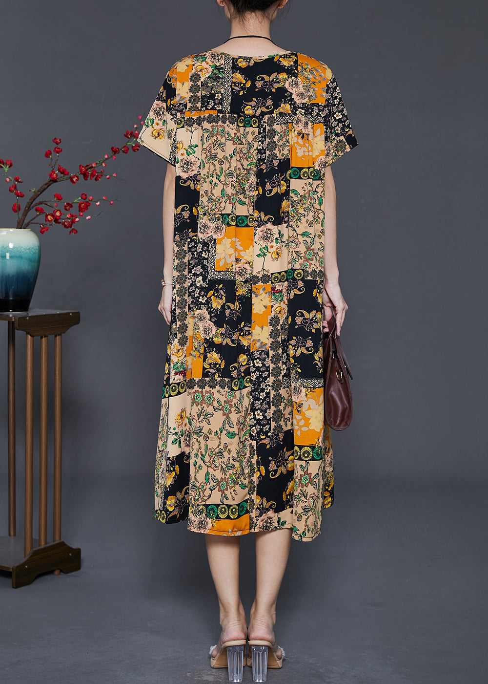 Boutique Khaki Oversized Print Chiffon Holiday Dress Summer