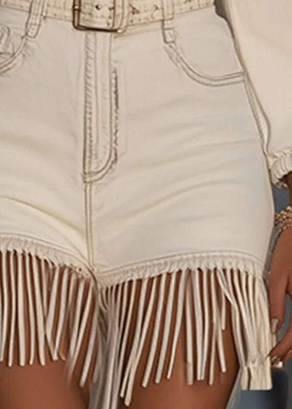 White Puff Sleeve Tassel Patchwork Cotton Dresses