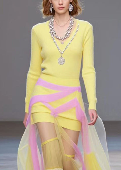 Yellow Patchwork Tulle Long Knit Dress Fall