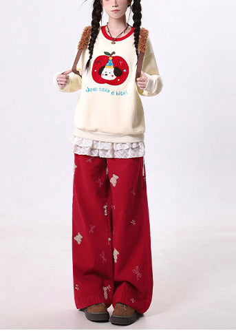 Red Embroidered Patchwork Denim Pants Spring