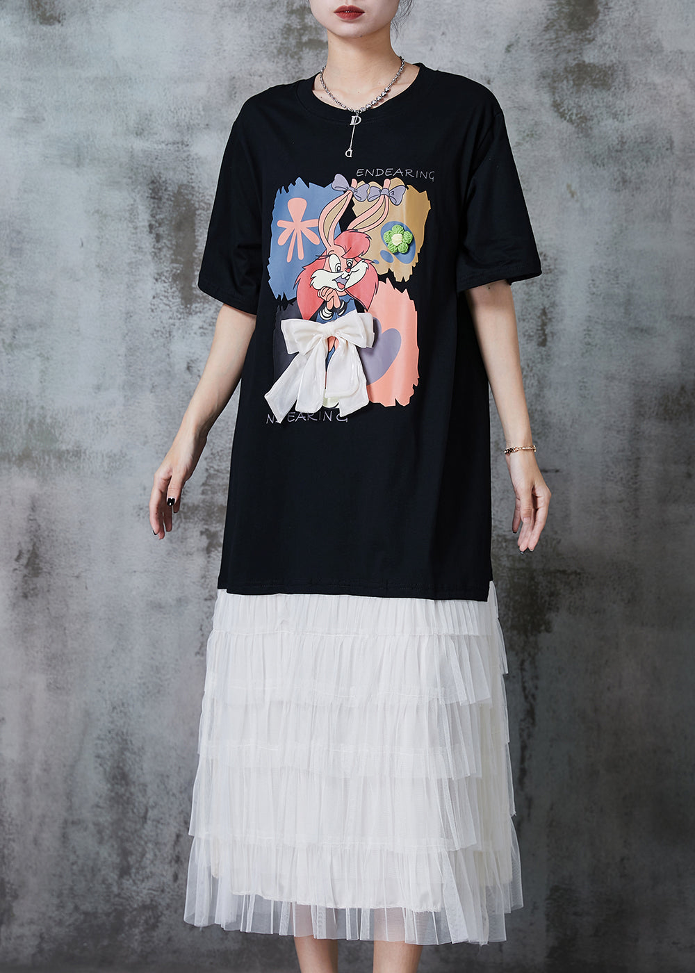 Black Cartoon Bow Patchwork Cotton Maxi Dresses Summer