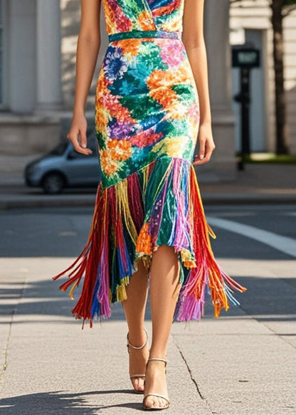 Fitted Multicolour Print Tasseled Knit Dresses Summer