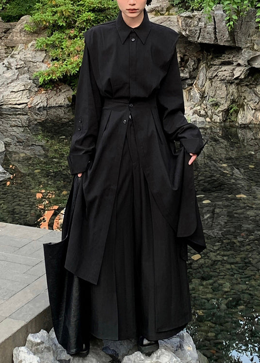 Loose Black Button Shirts and Wide Leg Pants Cotton Two Pieces Set Spring