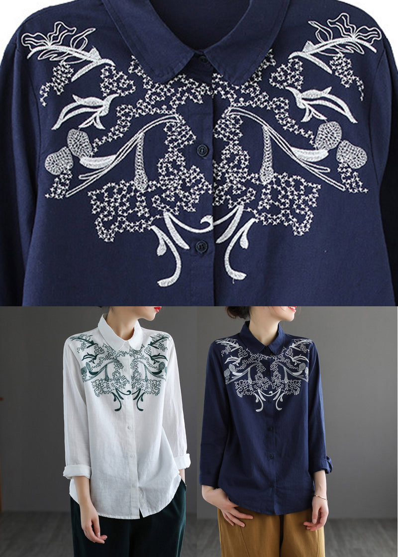 White Peter Pan Collar Embroidered Shirt Long Sleeve