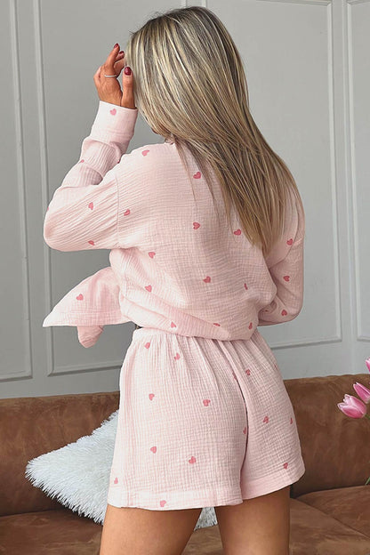 Heart Print Blouse Shorts Cotton Loungewear