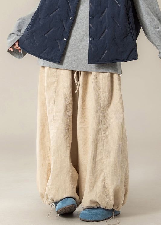 Apricot Drawstring High Waist Cotton Beam Pants Fall