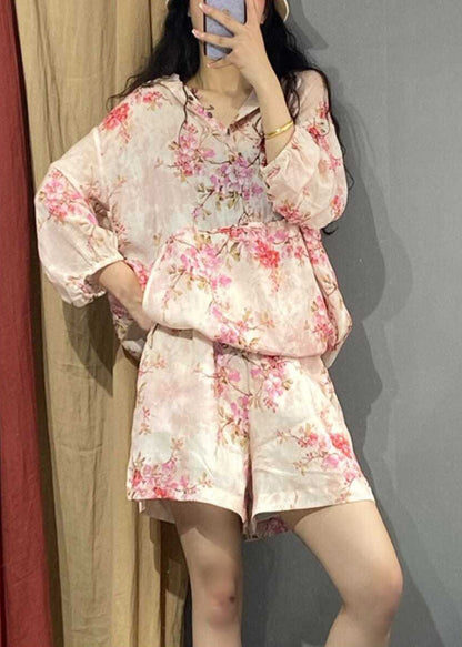 Pink Print Hooded Shirts and Shorts Two Piece Set Long Sleeve