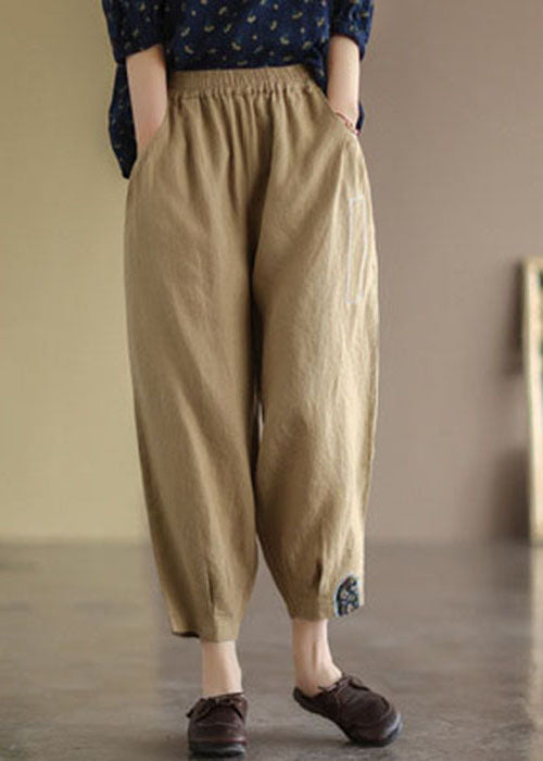 Khaki Elastic Waist Patchwork Applique Linen Harem Pants Fall