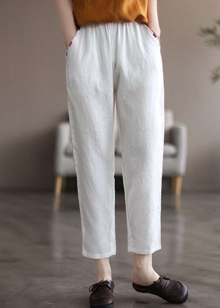 White Elastic Waist Linen Harem Pants Summer