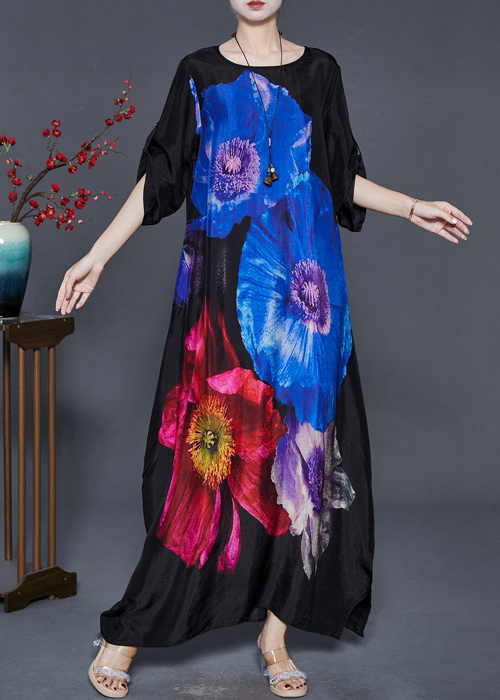 Blue Silk Holiday Dress Oversized Spring