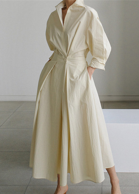 Beige Peter Pan Collar Pockets Cotton Dress Long Sleeve