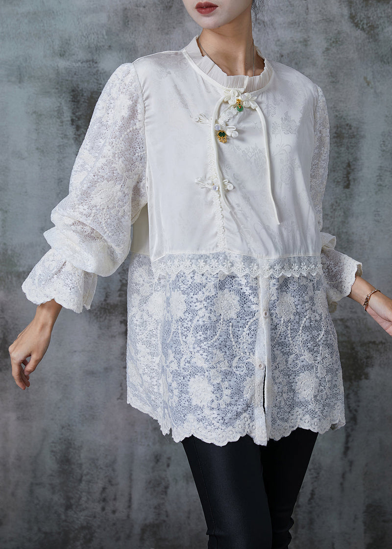 White Chinese Button Patchwork Lace Shirts Summer