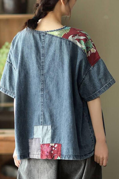 Denim Cotton Patchwork Pocket T-shirt
