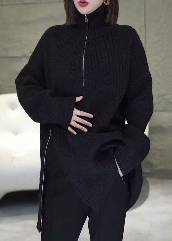 Grey Zip Up Asymmetrical Loose Knit Sweaters Spring