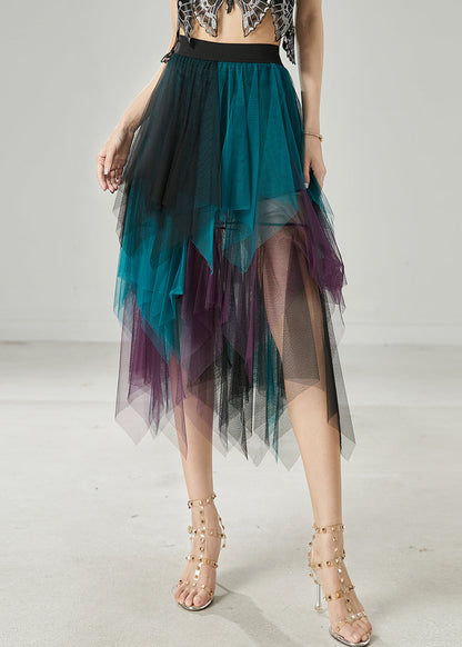Gradient Blue Asymmetrical Tulle Skirt Summer