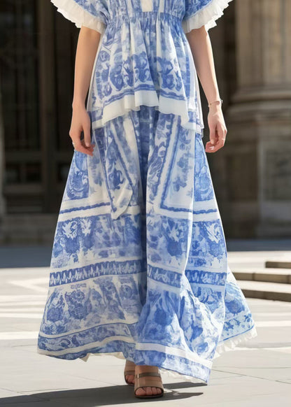 Blue Print Exra Large Hem Cotton Holiday Dress Summer